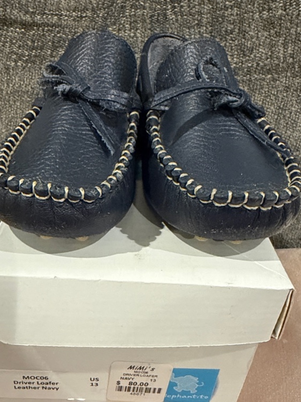 Elephantito Navy Leather Moccasins with Contrast Stitch